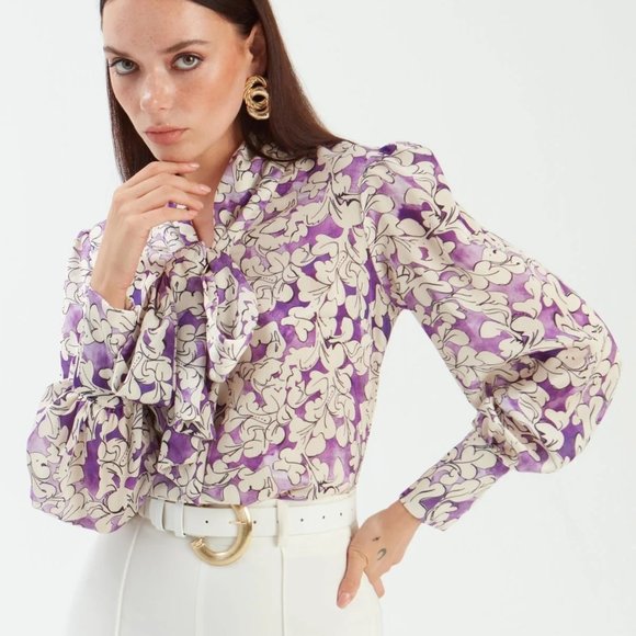 Bow Tie Collar Patterned Blouse - PURPLE - Picture 5 of 9